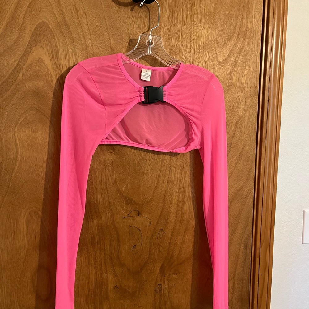 Pink Long Sleeve Mesh Crop Top